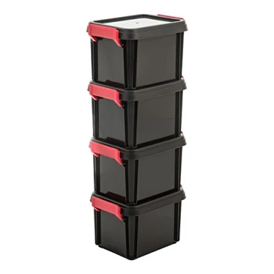 Imagen de Iris Ohyama, Caja de almacenamiento plástico, garaje 2L, Lote 4, Apilable, MBX 2, Negro, Clips cierre A22.5 x F17 A14.5 cm