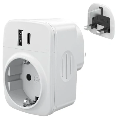 Imagen de Adaptador Enchufe UK a español Tipo G, de Viaje con USB &amp; C (2.4A), Europa 3 Pin Reino Unido Seguridad para niños Irlanda Maldivas Dubai Gran Bretaña Singapur Hong Kong
