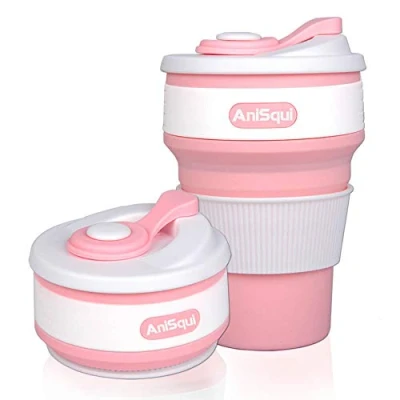 Imagen de AniSqui taza de café plegable silicona con tapas (350ml, a prueba fugas, sin BPA, reutilizable, café, portátil