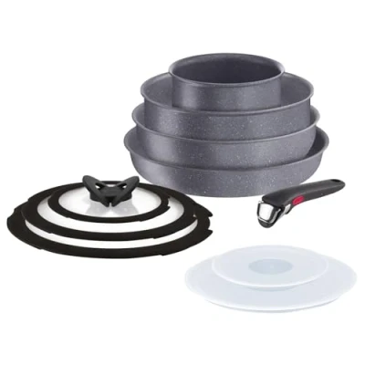 Imagen de Lagostina Ingenio Mineralis Eco Juego de sartenes antiadherentes aluminio 100% recicladas con fondo indeformable, 10 piezas, cacerola 16 cm, sartén 28 24 wok 5 tapas y mango