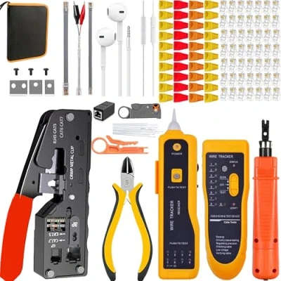 Imagen de MAYLINEE RJ11/RJ12/RJ45 alicates de Kit Juego Herramientas Crimpado red, Cortador Pelado Cables para /Cat5e/Cat6, 8P 6P Conector Pelacables 50 Conectores (Naranja)