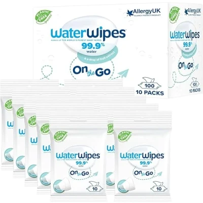 Imagen de WaterWipes Viaje Toallitas húmedas, 100 (10 Packs), húmedas con base 99% de Agua, Ideal para Viajes, diseñadas Rostro y Cuerpo
