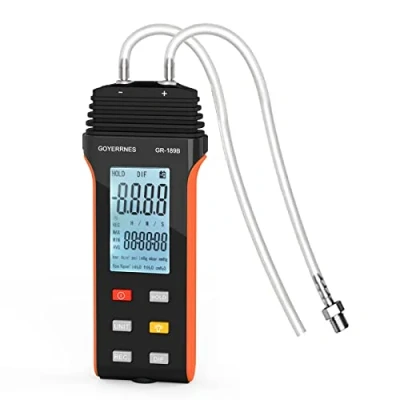 Imagen de Manómetro portátil de presión aire y gas GR 189B diferencial doble puerto 11 unidades seleccionables Pantalla LCD grande con luz fondo
