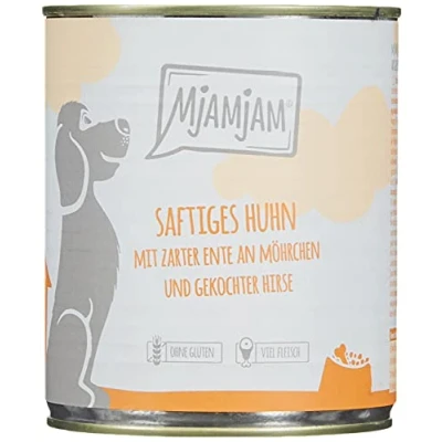 Imagen de MjAMjAM comida húmeda premium para perros Pollo jugoso con pato tierno sobre zanahorias y mijo hervido, pack de 6 (6 x 800 g), natural extra carne