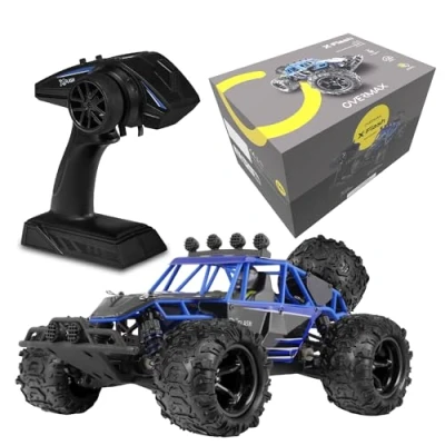 Imagen de Overmax Coche RC X Flash, Alcance de 100 Metros, Velocidad hasta 45 km/h, Tracción en Las 4 Ruedas, Amortiguador Aceite, Construcción Reforzada, Iluminación, Negro Azul