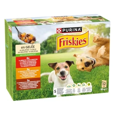 Imagen de Purina Friskies Comida húmeda para Perro en Gelatina con Pollo, Cordero y Buey, 6 Paquetes de 12 Sobres 85g