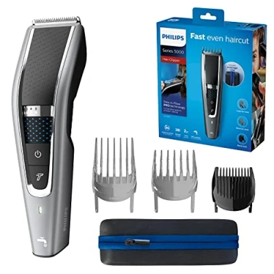 Imagen de Philips Serie 5000 HC5650/15 Cortapelos con cuchillas acero inoxidable, 28 ajustes de longitud, 90 min uso sin cable, incluye 3 peines guía y funda viaje