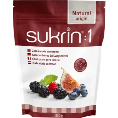 Imagen de Sukrin: 1 Sustituto natural del azúcar con eritritol y stevia, edulcorante cero calorías para dietas cetogénicas bajas en carbohidratos, sin gluten, vegano, 500 g