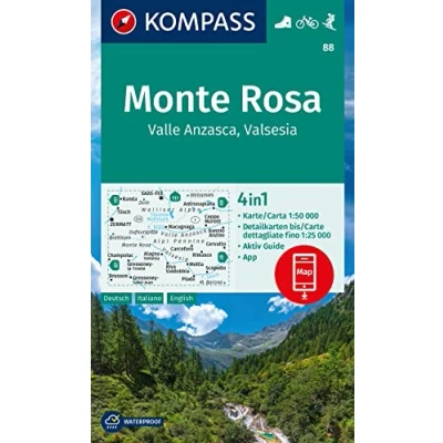 Imagen de KOMPASS Wanderkarte 88 Monte Rosa, Valle Anzasca, Valsesia 1:50.000: 4in1 mit Aktiv Guide und Detailkarten inklusive Karte zur offline ... in der App. Fahrradfahren. Skitouren.