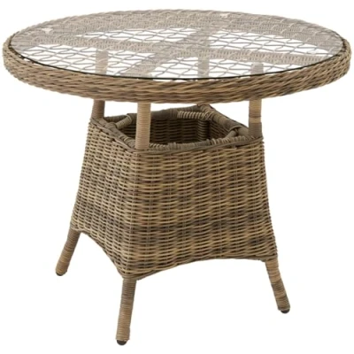Imagen de TecTake® Mesa Jardín Exterior de Ratán y Aluminio Inoxidable, Terraza con Tablero Extraíble Vidrio Seguridad, Mueble Resistente a Intemperie, Topes en Patas, Fácil Montaje Natural
