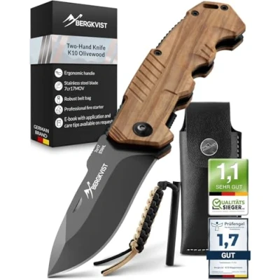 Imagen de BERGKVIST® K10 Cuchillo plegable (navaja de dos manos) Navaja afilada para exteriores, supervivencia o caza con acero al fuego y funda cinturón Mango madera olivo