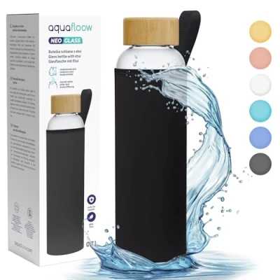 Imagen de Aquafloow Botella Agua de Vidrio Con Tapa 700ml, Borosilicato Bambú Neopreno, Sin BPA, Reutilizable Ideal para La Oficina, El Exterior, Escuela Negro