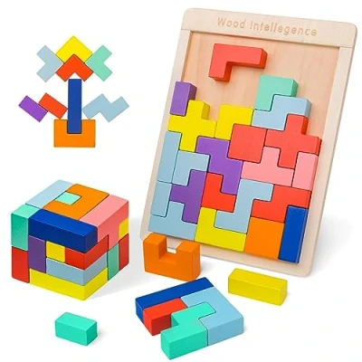 Imagen de VORHOT Tetris Puzzle 3D Madera, Juego Rompecabezas con 30 Colorido Bloques Geométricos, Juguetes Montessori Niños 3 4 5 Años, Inteligencia Cerebro Jigsaw, Stem Educativo Regalo