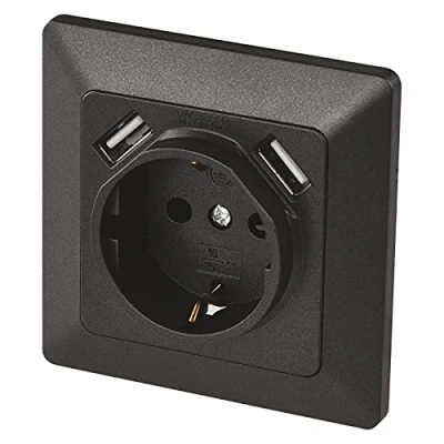 Imagen de EMOS Enchufe empotrado A6000.3 con 2 puertos USB Schuko, sistema 55 enchufes de protección contacto, 5 V/2,1 A para teléfono móvil o smartphone, antracita, 4000 W, 250 V, negro
