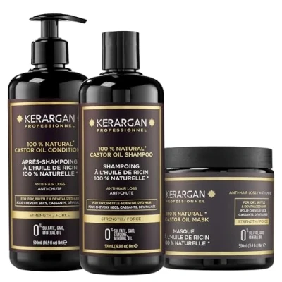 Imagen de Kerargan Trío Anti Caída Champú, Acondicionador &amp; Mascarilla con Aceite de Ricino para Cabellos Secos, Quebradizos o Debilitados Acelera el Crecimiento Capilar Sin Sulfatos, Silicona 3x500 ml