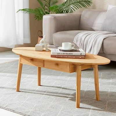 Imagen de [en.casa] Mesa de Centro Ovalada Auxiliar para Salón con 2 Cajones y 4 Patas Bambú 37 x 100 48 cm Color Natural