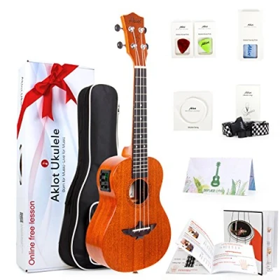 Imagen de Aklot Tenor Eléctrico Ukelele Caoba Maciza de 26 Pulgadas Ukulele con Curso Gratuito Online,Sintonizador incorporado, kits inicio (bolsa, cuerdas adicionales, correa, libro resistente, púas)