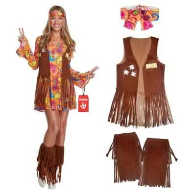 Imagen de Morph Disfraz Hippie Mujer, Vestido Mujer Disfraz, Años 70, Chaleco Hippie, Carnaval Talla L