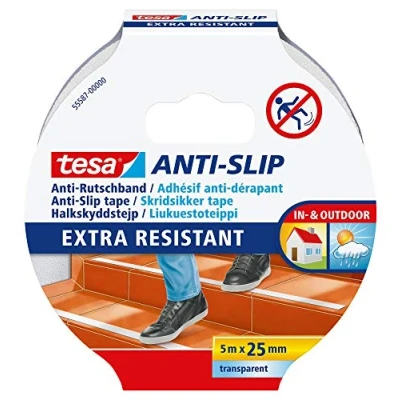 Imagen de tesa Cinta Antideslizante, Adhesiva Antideslizante para Interiores y Exteriores, adecuado Escalones, Rampas Suelos Resbaladizos, Transparente, 5 m x 25 mm