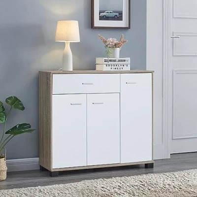 Imagen de [en.casa] Aparador Bobeck con 1 Cajón y 3 Puertas Mueble Zapatero 2 Estantes Regulables en Altura para 6 Pares de Calzados Aglomerado 72 x 80 28 cm Efecto Roble