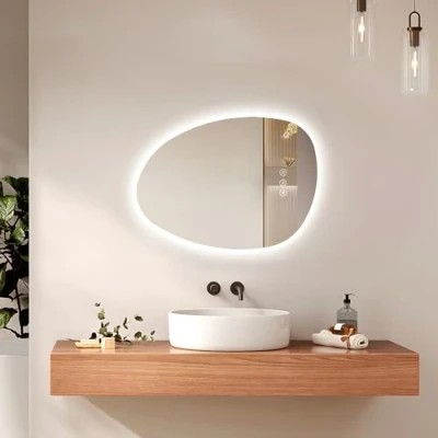 Imagen de EMKE Espejo de baño, 75 x 55 cm, antiniebla, Interruptor táctil, 3 Colores luz Regulable, baño con iluminación