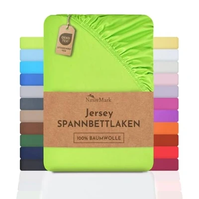 Imagen de NatureMark Sábana Bajera Ajustable de Jersey, 100% algodón en Muchos tamaños y Colores, 180 x 200 cm cm, Manzana Verde