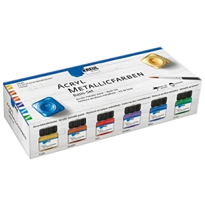 Imagen de KREUL 77600 Juego de 6 botes Pintura acrílica metálica 20 ml con 1 pincel a base agua, opaca y cremosa un glamuroso efecto metálico Se seca rápidamente es resistente al agua