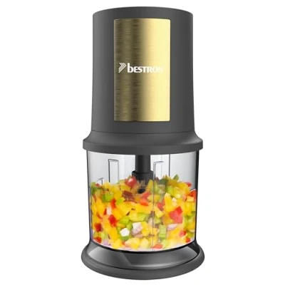 Imagen de Bestron picadora electrica, Máquina eléctrica con dos cuchillas de corte y capacidad 500 ml, botón pulso grande, 400 vatios, Colección Golden Platin, Color: dorado/gris mate
