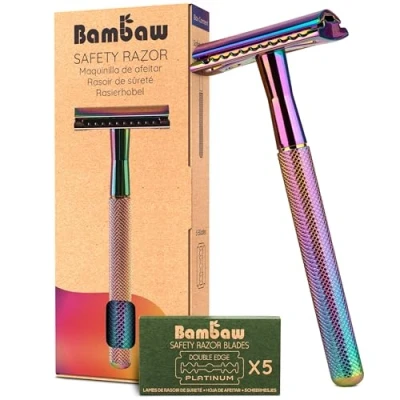 Imagen de Bambaw Maquinilla de Afeitar Metal con 5 Cuchilla Doble Filo, Libre Plástico, Compatible Todas las Hojas Afeitar, Safety Razor Arcoíris