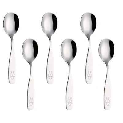 Imagen de Exzact Cubiertos para niños de acero inoxidable, 6 cucharas, utensilios pequeños, cucharas cena, grabado conejito