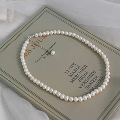 Imagen de LOKILOKI Collar De Gargantillas Perlas Agua Dulce Naturales 6 7mm, Joyería Plata Ley 925 para Mujer, Tendencia Regalo