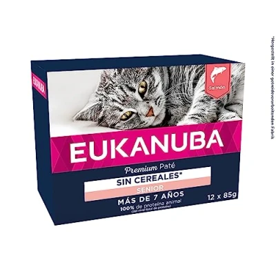 Imagen de EUKANUBA Grain Free Alimento Seco para Gatos Sénior, Húmedo Premium Rico en Salmón de Edad Avanzada, 12 x 85 g