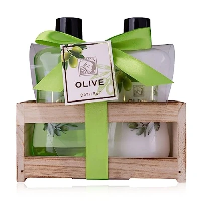Imagen de Accentra set de ducha regalo para mujer OLIVE en una hermosa caja madera cuidado 2 partes con gel y loción corporal bienestar cumpleaños