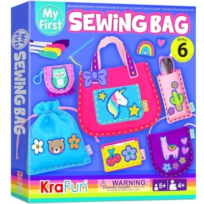 Imagen de KRAFUN Mi primer kit de bolsa costura Artes y manualidades para niños principiantes, 6 proyectos fáciles coser bolso mano con temática animales, instrucciones aprender a