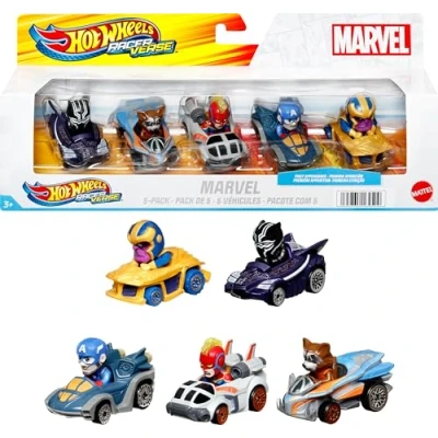 Imagen de Hot Wheels RacerVerse Conjunto de 5 coches juguete metálicos Marvel optimizados para su uso en pistas Wheels, con personajes populares como pilotos, regalo fans, HPN40