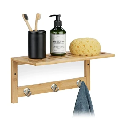 Imagen de Relaxdays Perchero de Pared con 3 Ganchos y Estante, Recibidor, Cocina, 18 x 37,5 16 cm, Toallero Baño, Natural, Metal