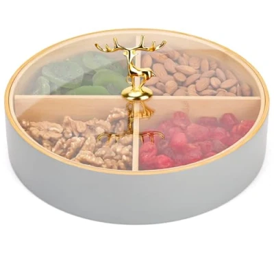 Imagen de BELLE VOUS Caja de Madera con Tapa Acrílico y 4 Compartimentos Redonda Gris 25 cm x 6cm Decorativa Multiusos para Te e Infusiones, Joyas, Manualidades, Almacenaje