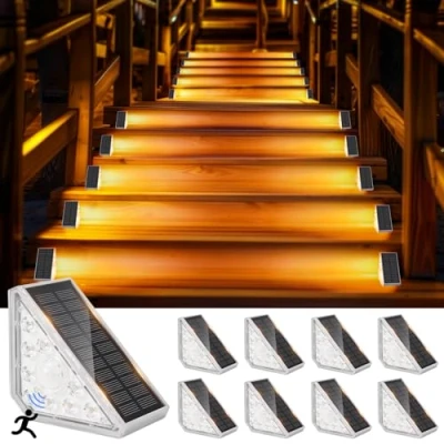 Imagen de GuKKK Luz de Escalera para Exterior, 8 Pack Blanco Cálido 3000K Luces Solares Exterior con Sensor, IP67 Impermeable Led Escaleras Patio, Escalones