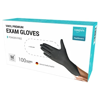 Imagen de EUROPAPA® 100 Guantes De Vinilo Desechables, Sin LÁTex, Polvo, En Tallas S, M, L Y XL, Disponibles (Negro Premium, M)