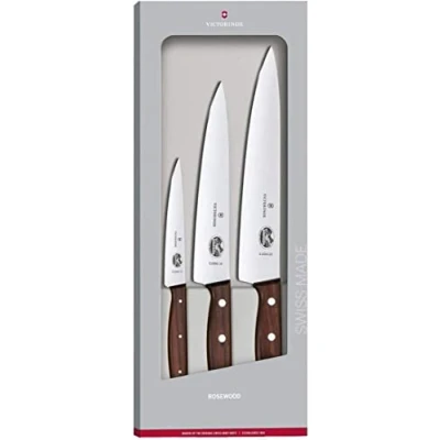 Imagen de Victorinox Wood, set de trinchar profesional, 3 piezas, afilado recto, extra afilado, elegante mango madera, marrón