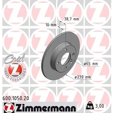 Imagen de ZIMMERMANN COAT Z 600.1050.20 Disco de freno 239 10 5/4 4 100 macizo revestido SEAT: Ibiza 2, Córdoba I Berlina, Vario, VOLKSWAGEN: GOLF 2