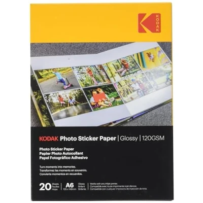Imagen de KODAK Photo Sticker Paper Pack de 20 hojas papel fotográfico autoadhesivo, TAMAÑO A6 (105 X 148mm) acabado brillante, 120 gsm, compatible con impresoras inyección tinta, color blanco