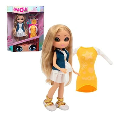 Imagen de UNIQUE EYES Sun Lover Amy, muñeca de Pelo Largo Rubio para peinar, con Ojos Que te siguen y cambian Color, 2 Looks, 1 Cambia la luz, niñas niños Desde 3 años, Famosa (MYM07100)