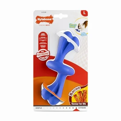 Imagen de Nylabone, Efecto Masticador Extremadamente Fuerte, Juguete Interactivo con Hueso rodante, Sabor Bacon, Grande para Perros de hasta 23 kg