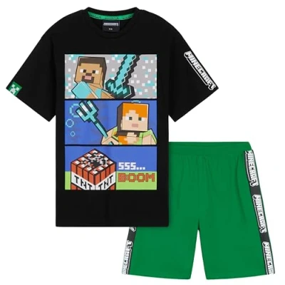 Imagen de Minecraft Corto Conjunto Pijama Niño Regalo para Gamers (Negro/Verde, 11 12 Años)