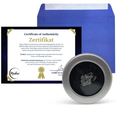 Imagen de Makai Meteorito auténtico Estrella fugaz Campo del Cielo con certificado de autenticidad y caja ventana (caja redonda certificado)