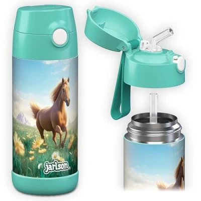 Imagen de Jarlson® botella Agua niños con pajita CHARLI, Botellas Acero Inoxidable termica, sin BPA, a Prueba de Fugas, para la Escuela y Deportes, el Termo, 350 ml