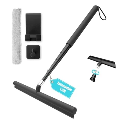 Imagen de LORESJOY Rasqueta Limpiacristales para Ducha, 120 cm Retráctil de Ducha Silicona con Soporte, Baño, Cristal, Puerta (Negro)