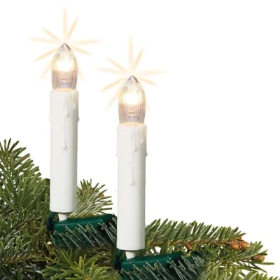 Imagen de Hellum Cadena de luces para árbol Navidad, vela interior con clip, 30 luces, longitud iluminada 11,6 m, cable 1,5 m verde, vástago blanco, enchufe &lt; 59 lm 613018