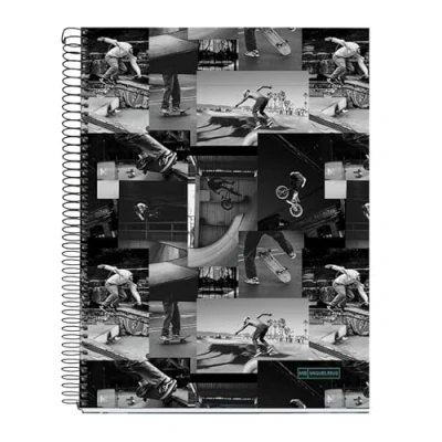 Imagen de Miquelrius Cuaderno A4, 140 Hojas de 70 g/m², Cuadrícula 5 x mm, 4 Franjas colores, Taladros, Cubierta rígida, Colección Skate Park